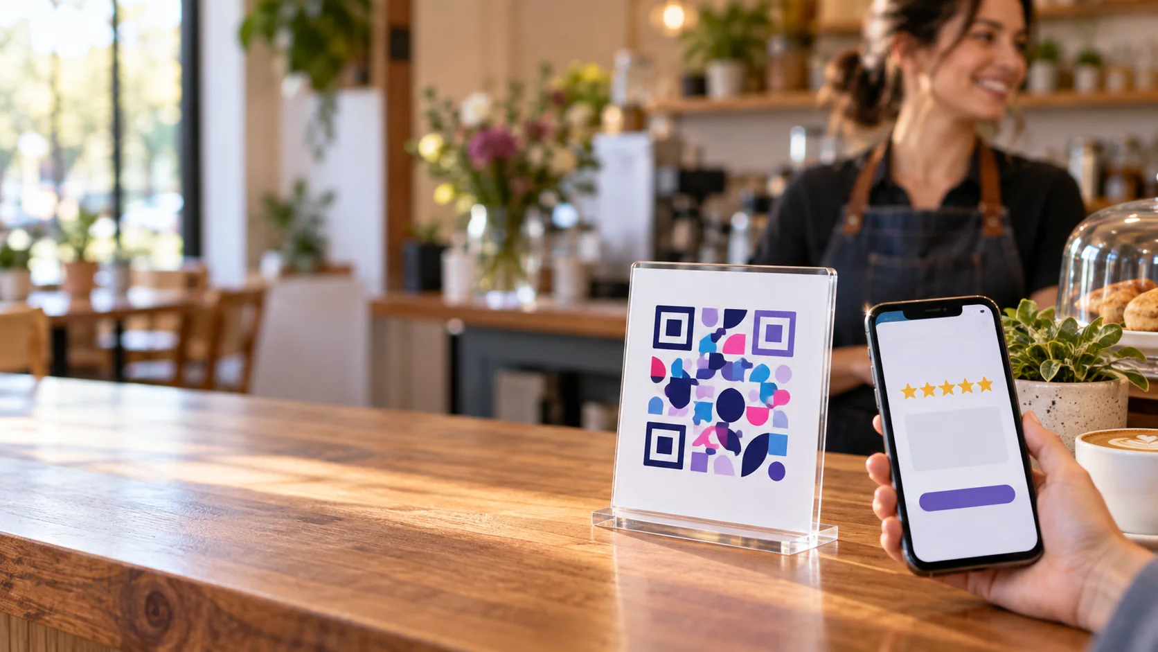عميل يمسح بطاقة مراجعة بزخرفة مستوحاة من رمز QR داخل مقهى محلي
